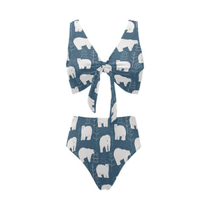 polar bear mother her child pattern Chest Bowknot High Waisted Bikini Swimsuit