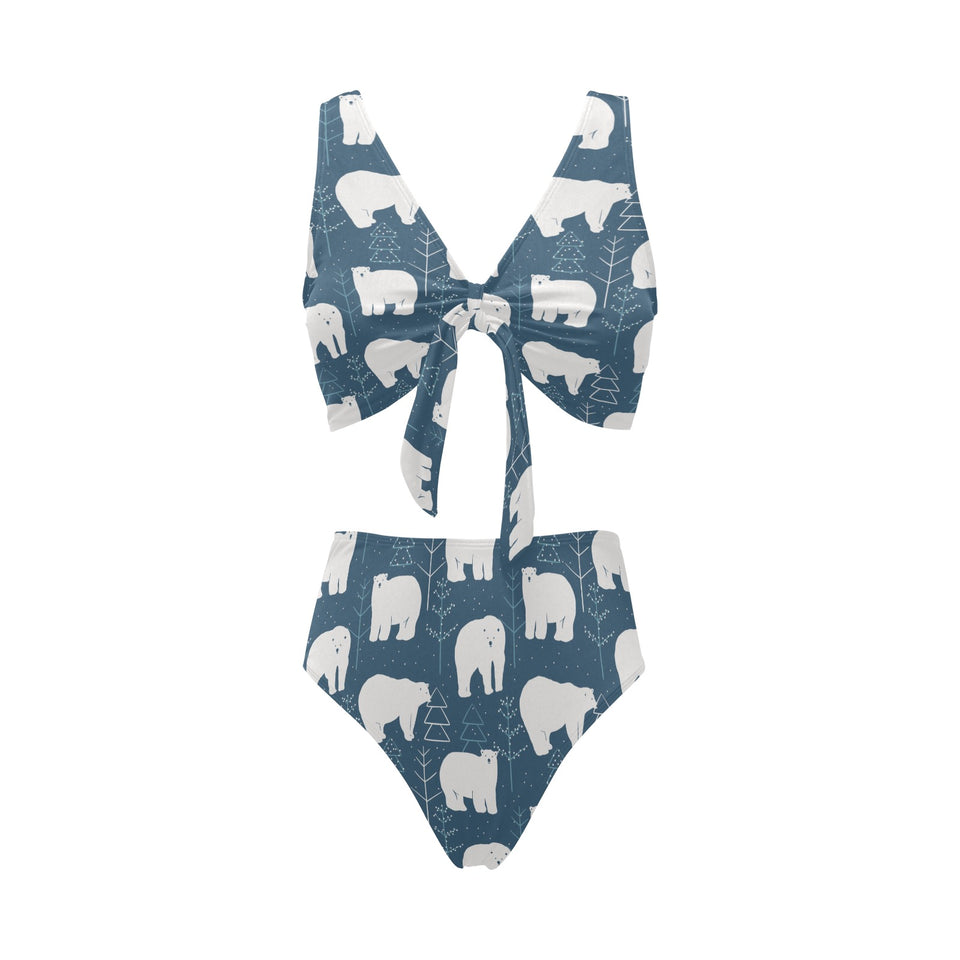 polar bear mother her child pattern Chest Bowknot High Waisted Bikini Swimsuit