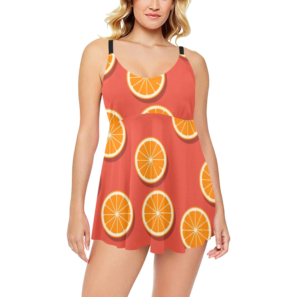 Oranges pattern red background Chest Sexy Pleated Two Piece Swim Dress