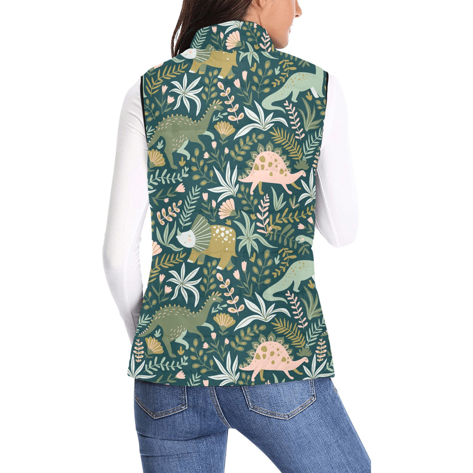 dinosaurs tropical leaves flower pattern Women's Padded Vest