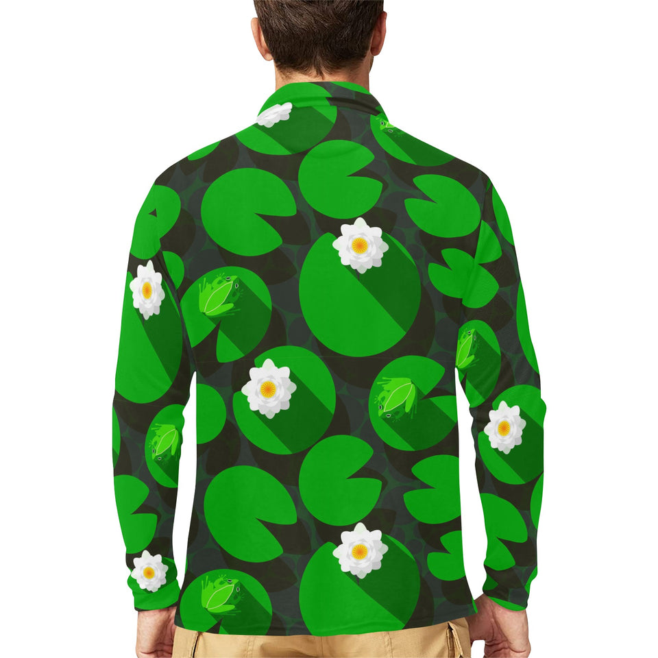 Frog waterlily pattern Men's Long Sleeve Polo Shirt
