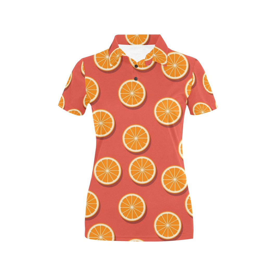 Oranges pattern red background Women's All Over Print Polo Shirt