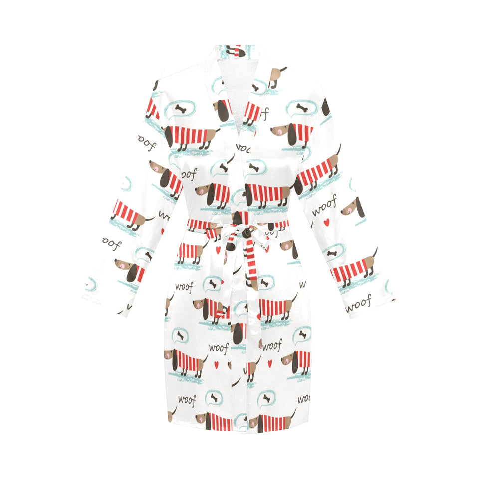 Cute dachshund bone pattern Women's Long Sleeve Belted Night Robe