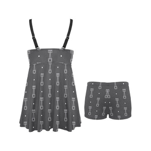 Engine Piston Black Background Pattern Design 02 Chest Sexy Pleated Two Piece Swim Dress