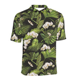 White orchid flower tropical leaves pattern blackg Men's All Over Print Polo Shirt