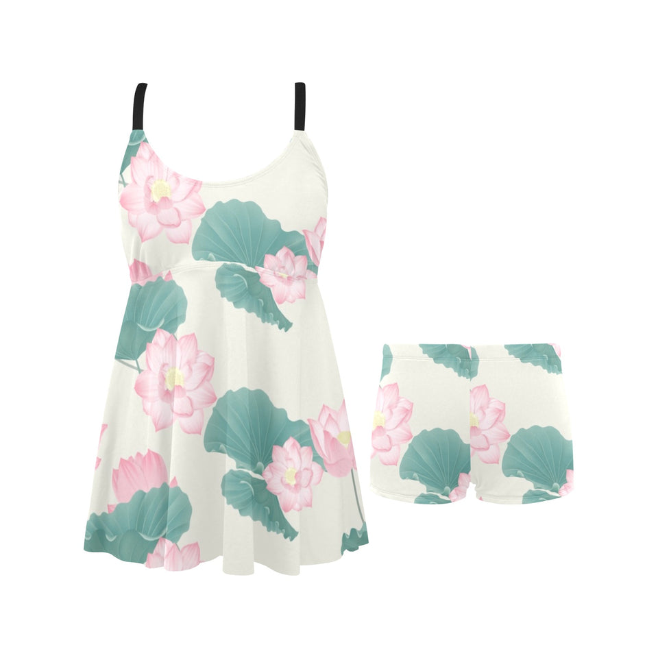 Pink lotus waterlily leaves pattern Chest Sexy Pleated Two Piece Swim Dress