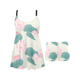 Pink lotus waterlily leaves pattern Chest Sexy Pleated Two Piece Swim Dress