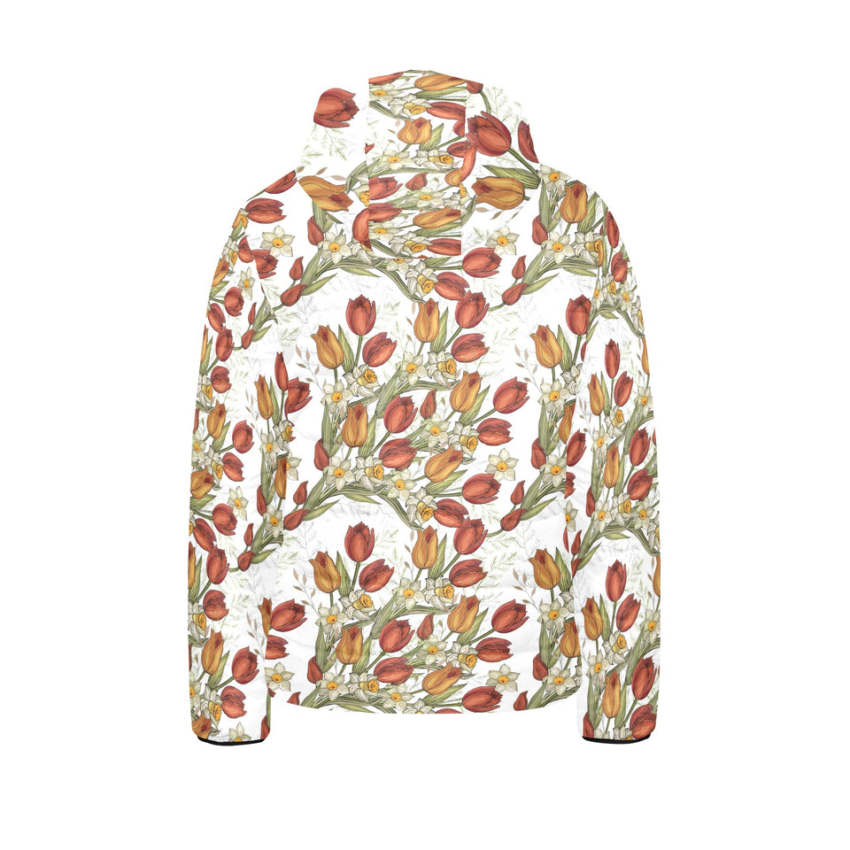 Red tulips and daffodils pattern Kids' Boys' Girls' Padded Hooded Jacket