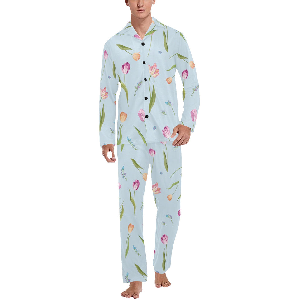 Watercolor Tulips pattern Men's Long Pajama Set