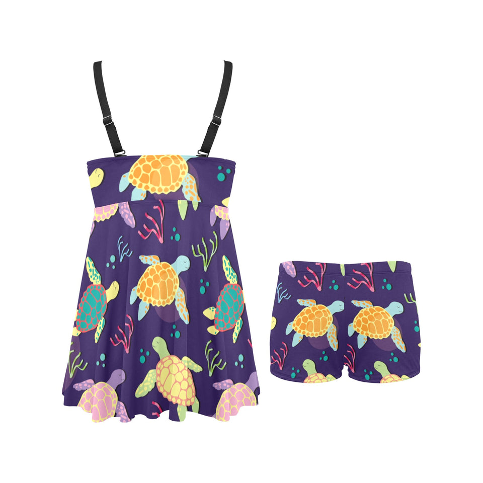 Colorful sea turtle pattern Chest Sexy Pleated Two Piece Swim Dress