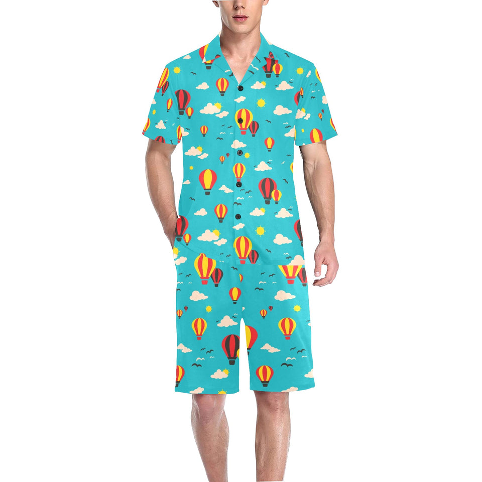 Hot Air Balloon Sky Pattern Men's V-Neck Short Pajama Set