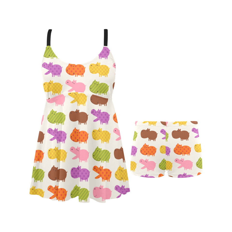Hippopotamus Pattern Print Design 01 Chest Sexy Pleated Two Piece Swim Dress