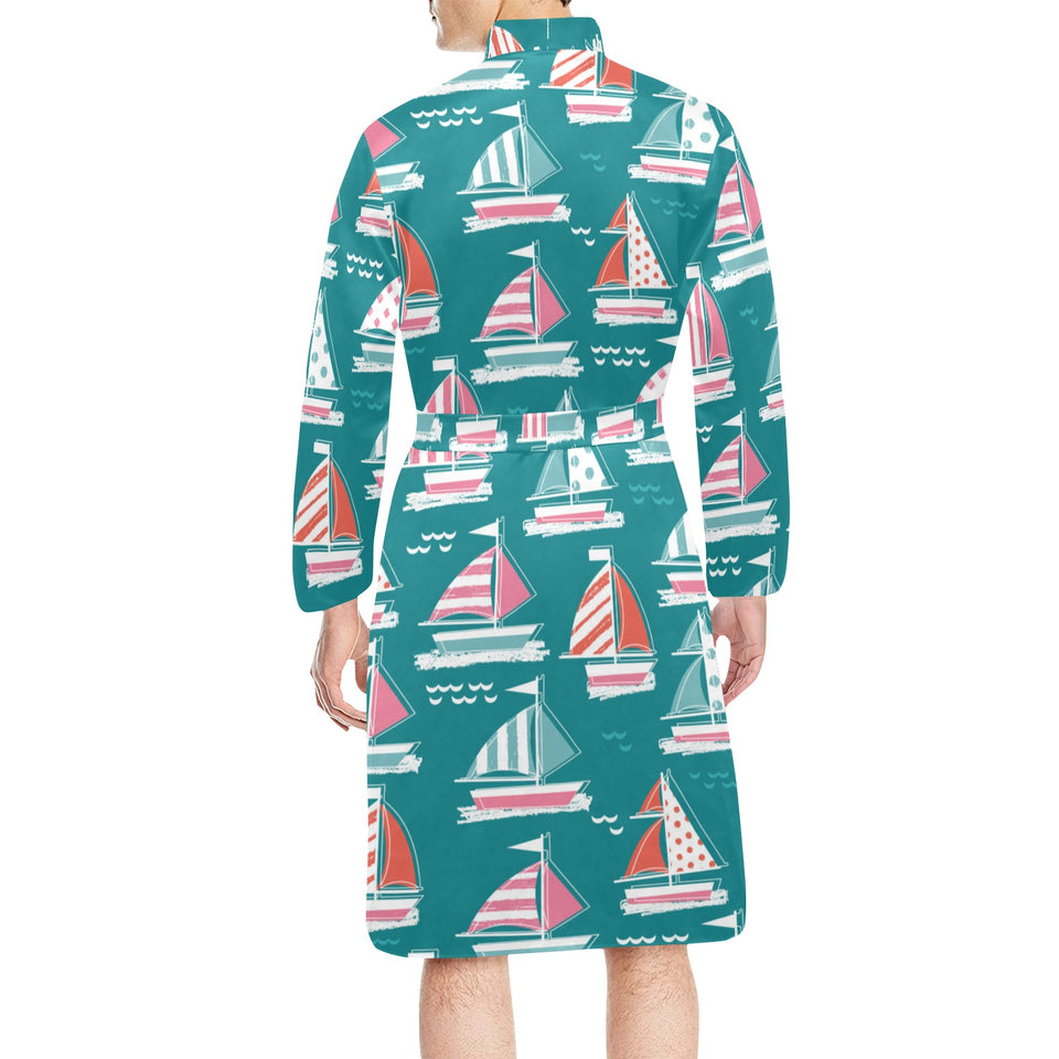Cute sailboat pattern Men's Long Sleeve Belted Night Robe