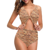 Brick Printed Pattern Print Design 04 Chest Bowknot High Waisted Bikini Swimsuit