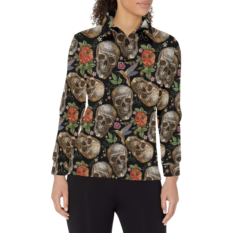 Skull rose humming bird flower pattern Women's Long Sleeve Polo Shirt