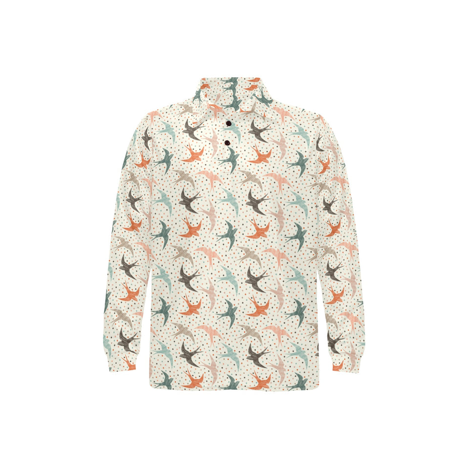 Swallow Pattern Print Design 02 Men's Long Sleeve Polo Shirt