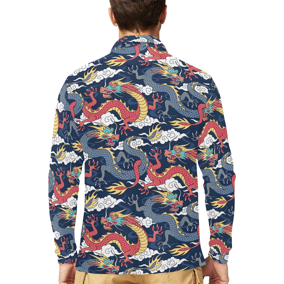 Blue red dragon cloud pattern Men's Long Sleeve Polo Shirt