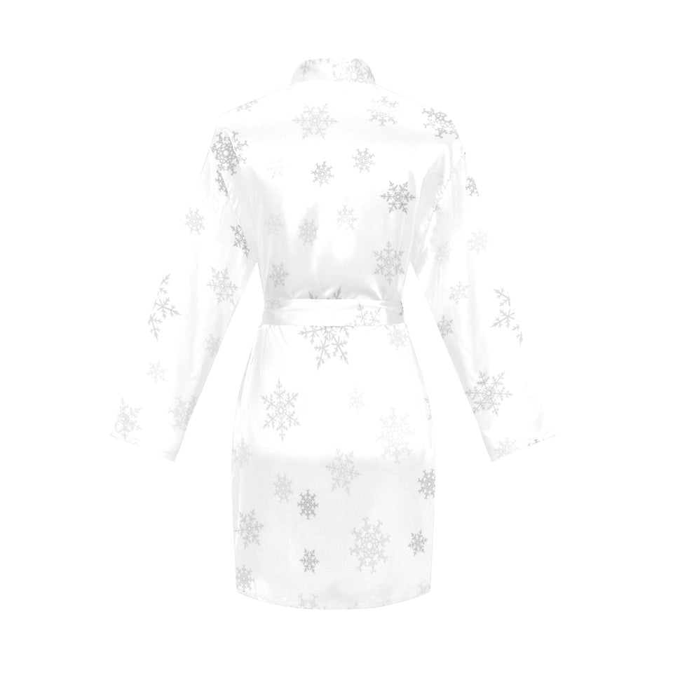Snowflake pattern white background Women's Long Sleeve Belted Night Robe