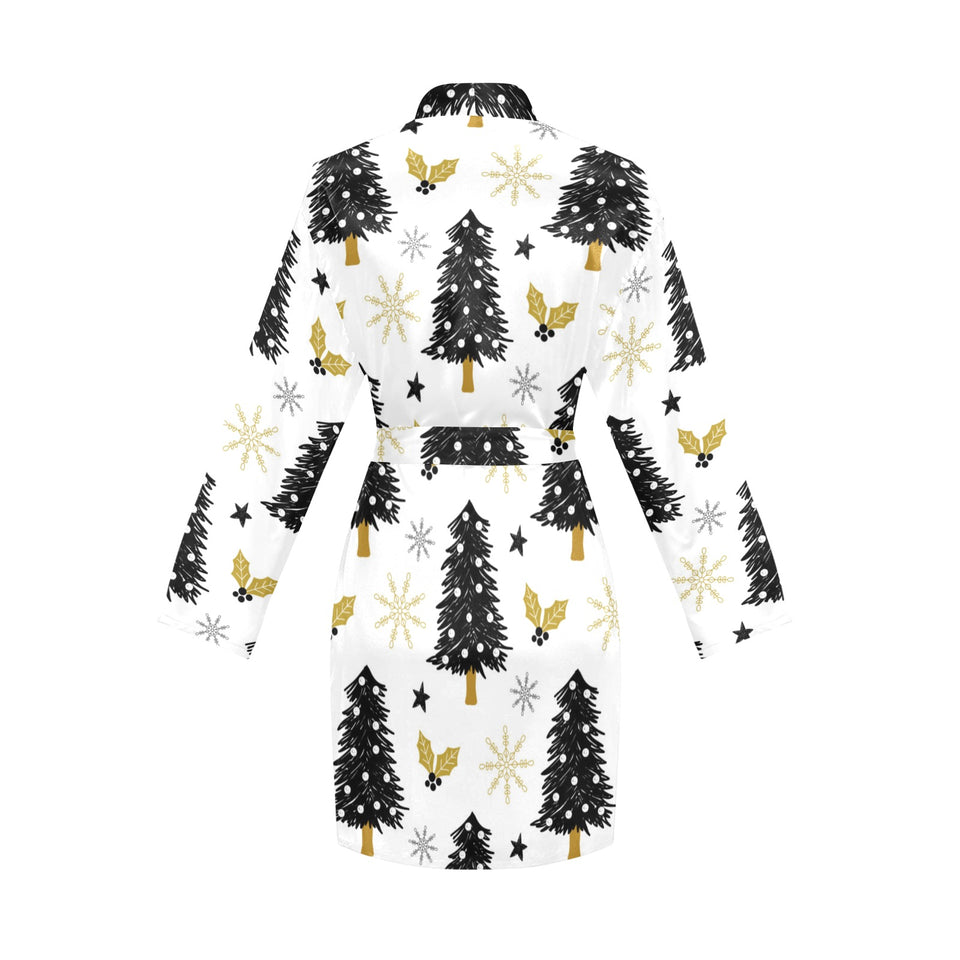 Christmas tree holly snow star pattern Women's Long Sleeve Belted Night Robe