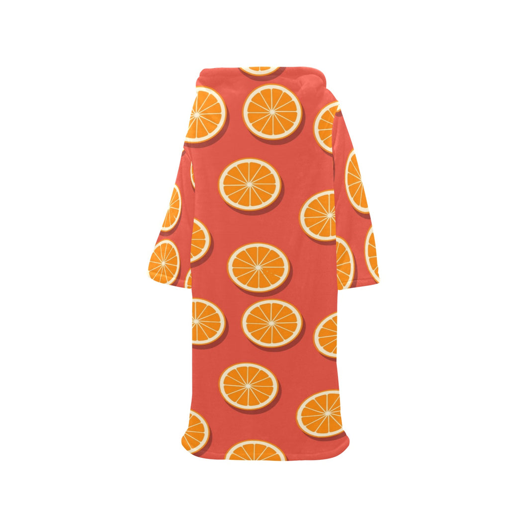 Oranges pattern red background Blanket Robe with Sleeves