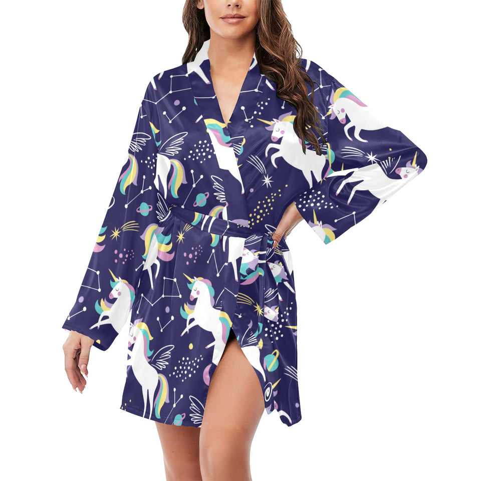 Hand drawn cute unicorn star planet Women's Long Sleeve Belted Night Robe