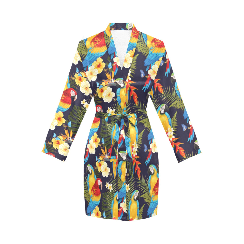 Colorful parrot flower pattern Women's Long Sleeve Belted Night Robe
