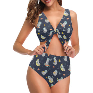 Cute sloth astronaut star planet rocket pattern Chest Bowknot High Waisted Bikini Swimsuit