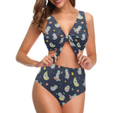 Cute sloth astronaut star planet rocket pattern Chest Bowknot High Waisted Bikini Swimsuit