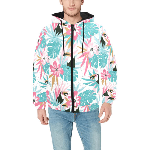 Toucan tropical flower leave pattern Men's Padded Hooded Jacket
