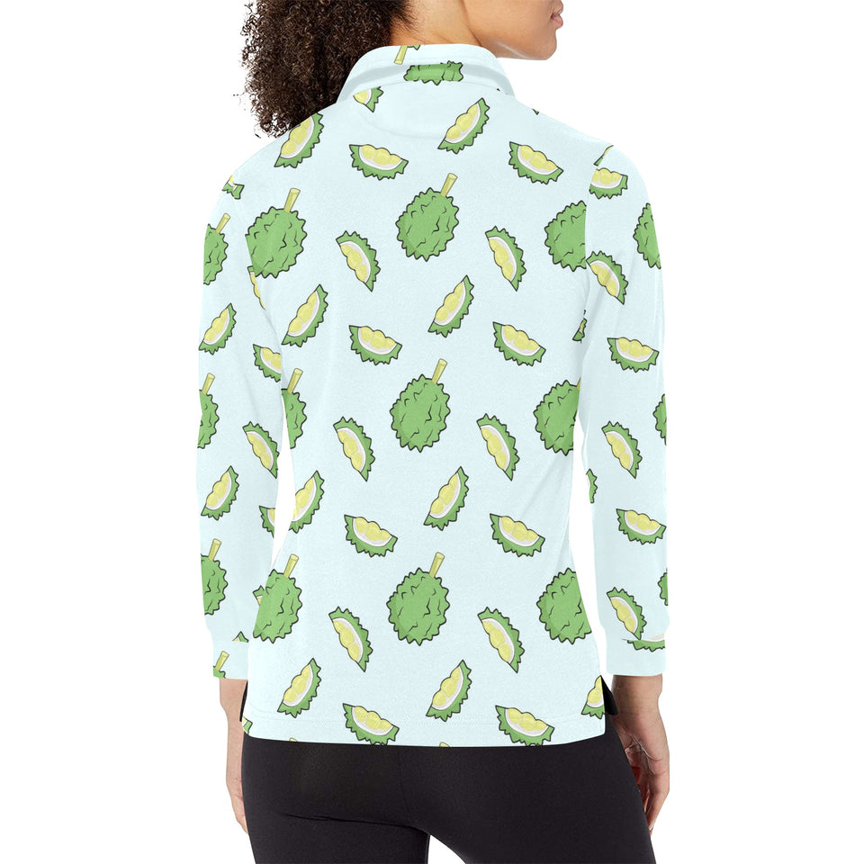 Durian pattern blue background Women's Long Sleeve Polo Shirt