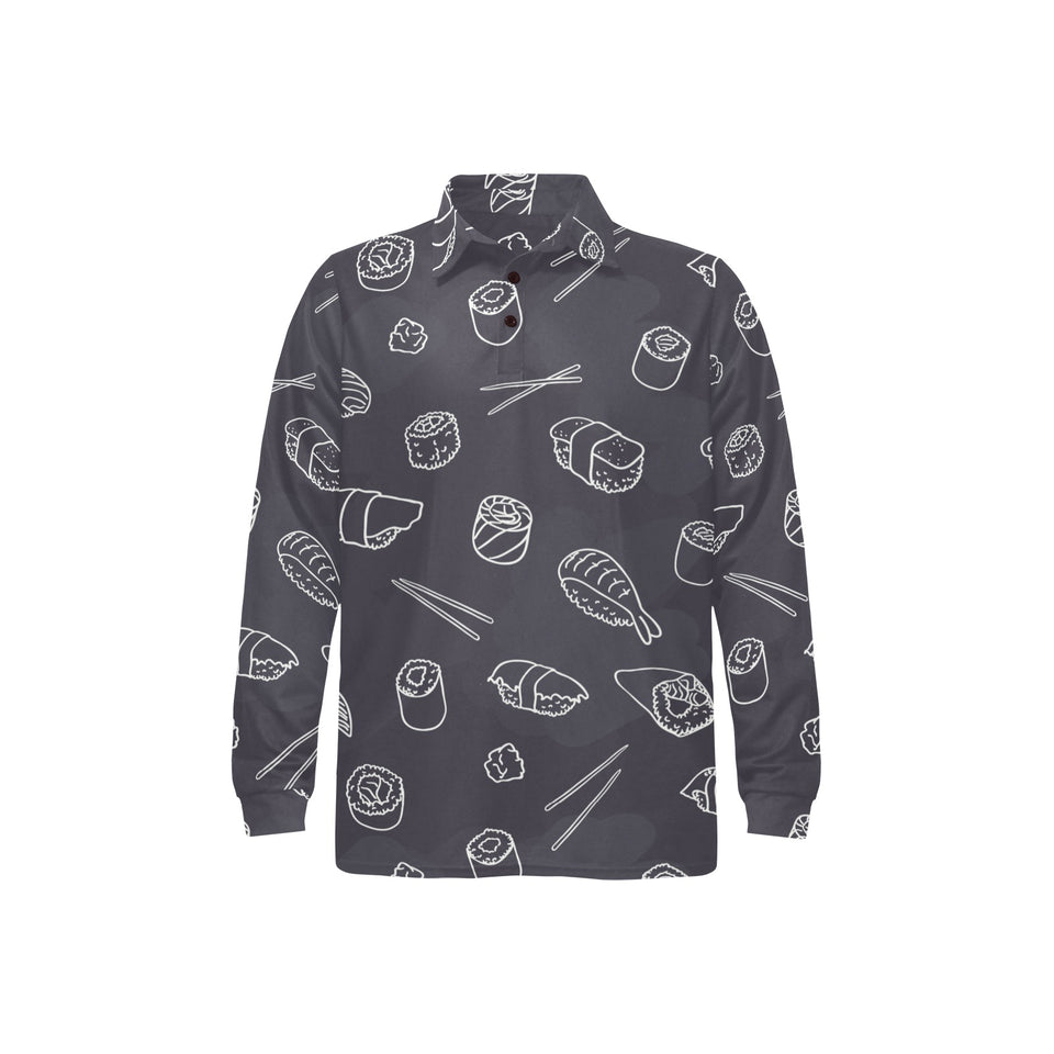 sushi pattern black background Men's Long Sleeve Polo Shirt