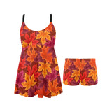Autumn maple leaf pattern Chest Sexy Pleated Two Piece Swim Dress