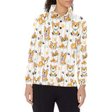 Cute dog corgi striped background pattern Women's Long Sleeve Polo Shirt