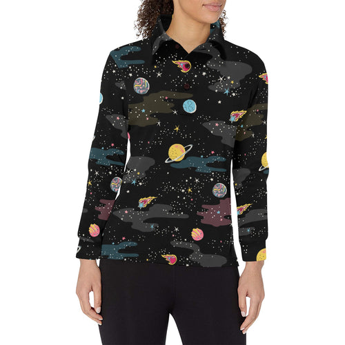 space pattern Women's Long Sleeve Polo Shirt