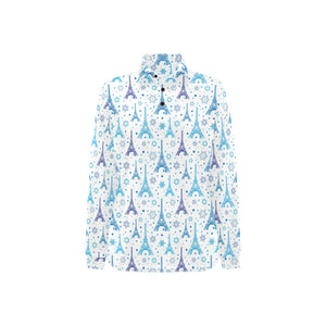 Blue Eiffel Tower Theme Pattern Print Design 01 Women's Long Sleeve Polo Shirt