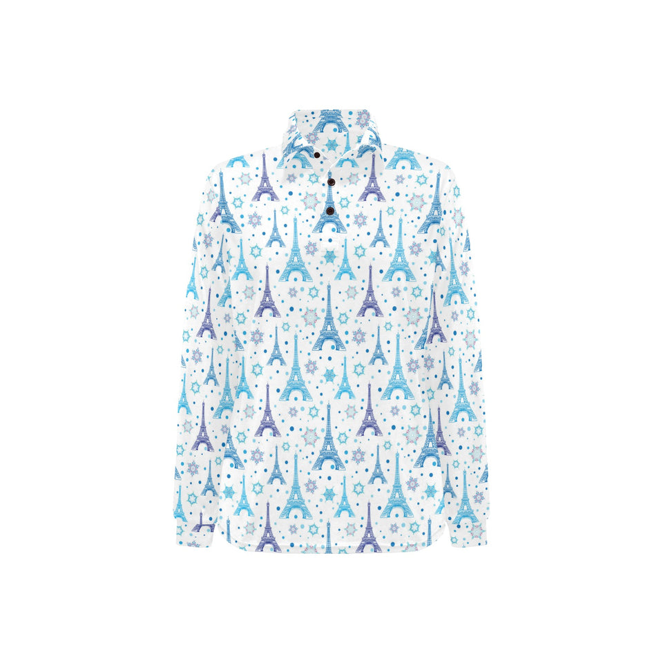 Blue Eiffel Tower Theme Pattern Print Design 01 Women's Long Sleeve Polo Shirt