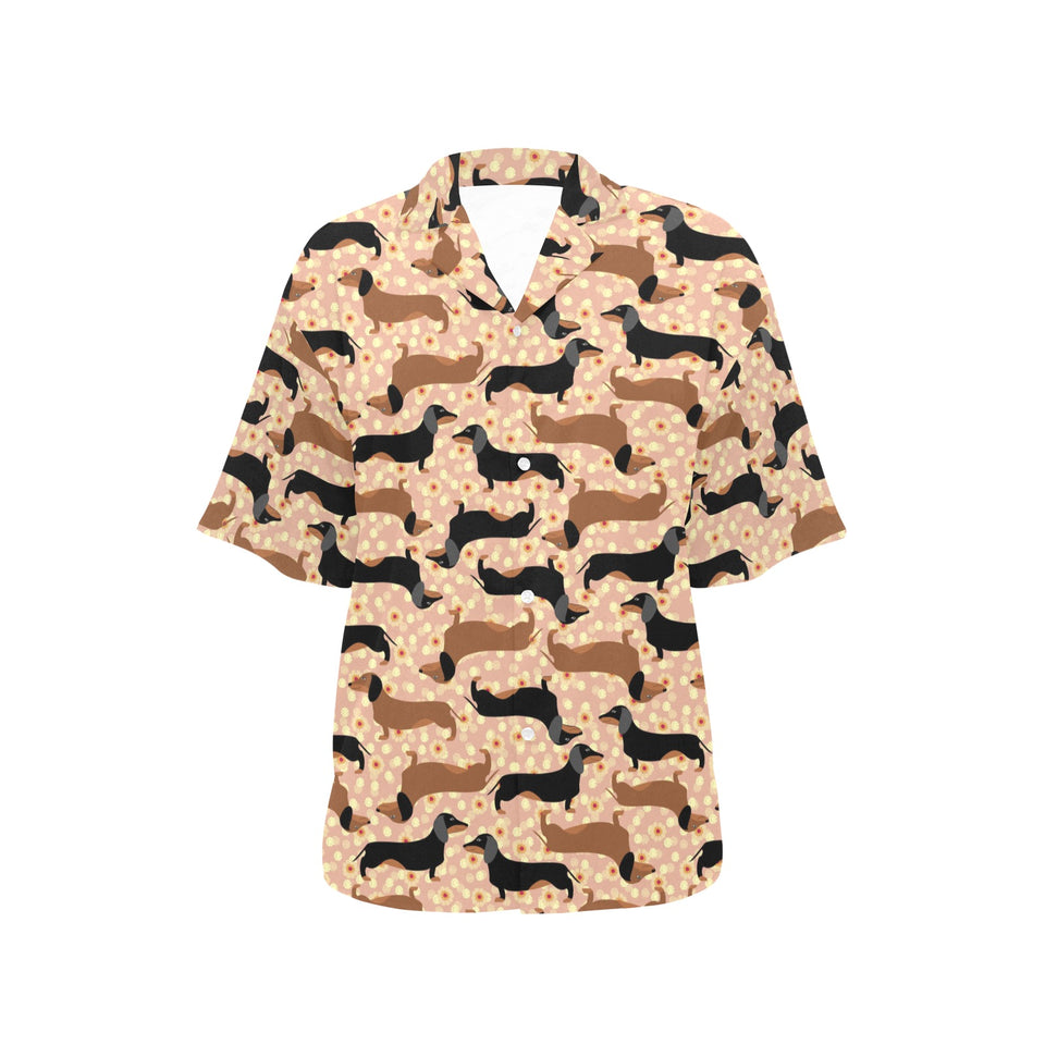 Dachshund floral background Women's All Over Print Hawaiian Shirt