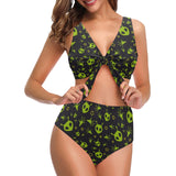 Alien Pattern Print Design 02 Chest Bowknot High Waisted Bikini Swimsuit
