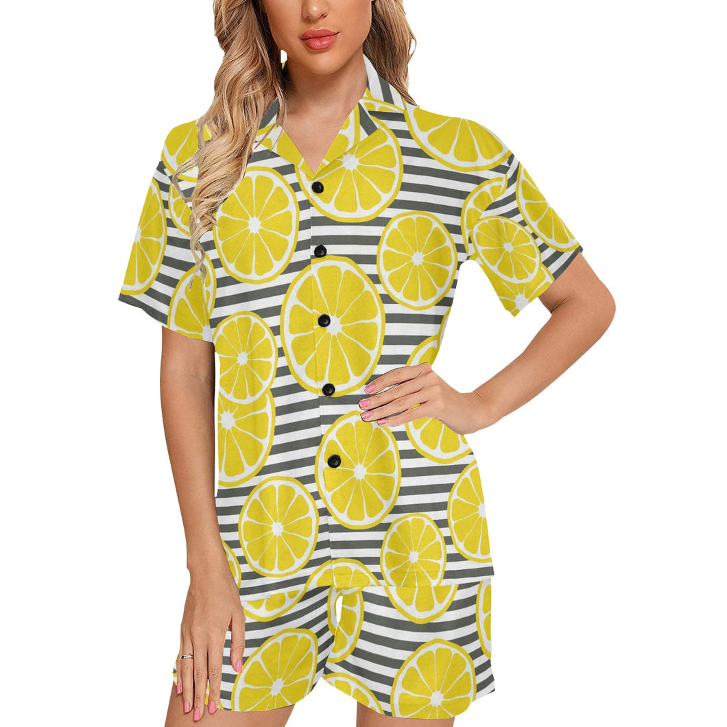 slice of lemon design pattern Women's V-Neck Short Pajama Set
