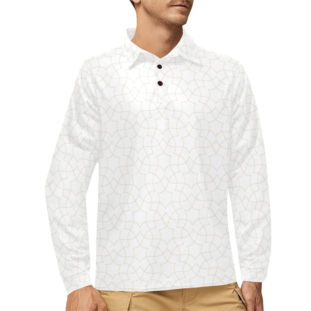 arabic white pattern Men's Long Sleeve Polo Shirt