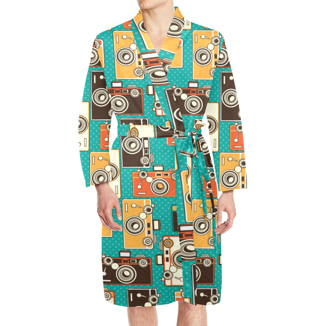 Camera Pattern Print Design 03 Men's Long Sleeve Belted Night Robe