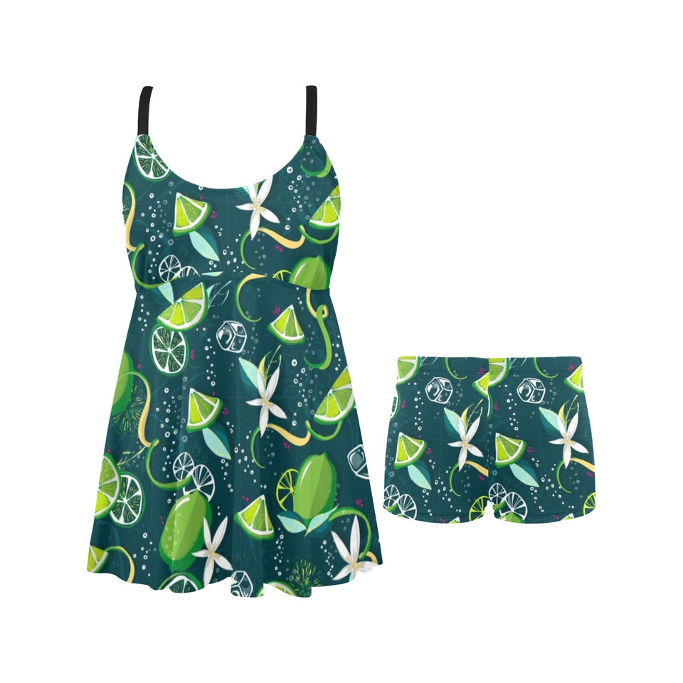 Lime ice flower pattern Chest Sexy Pleated Two Piece Swim Dress
