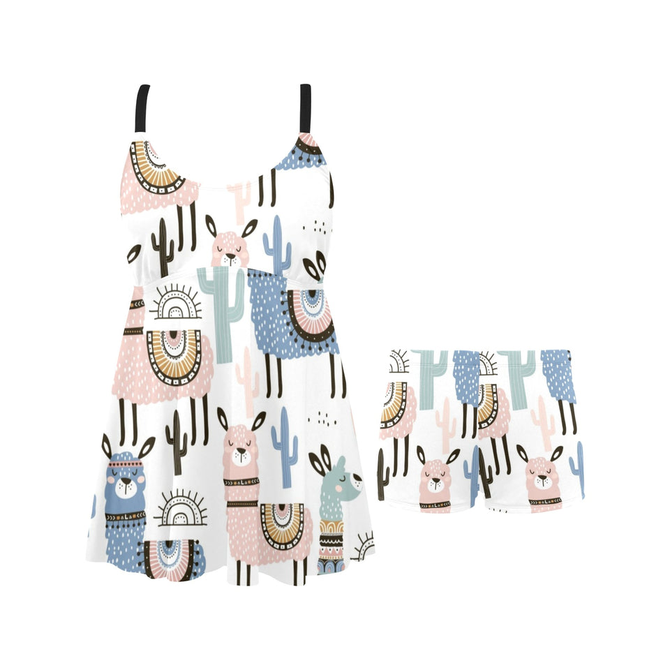 lama Alpaca cactus hand drawn pattern Chest Sexy Pleated Two Piece Swim Dress