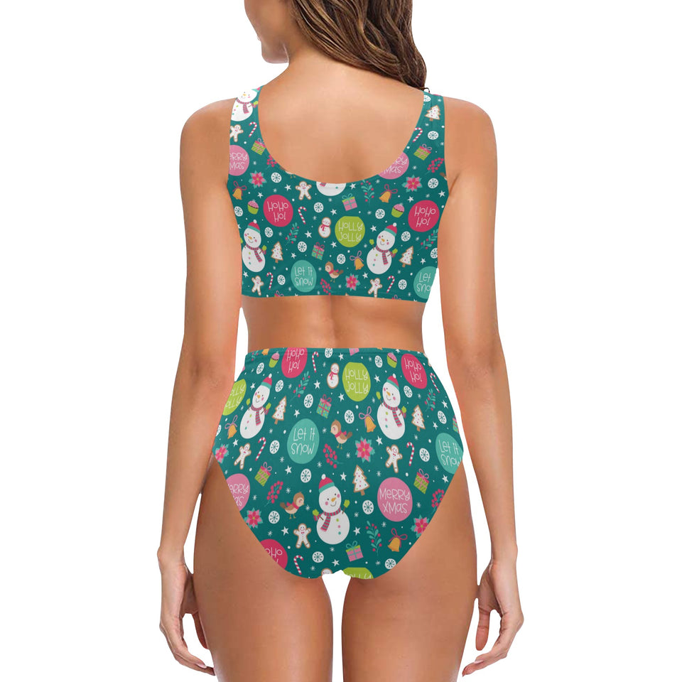 Snowman bird decorative elements christmas pattern Chest Bowknot High Waisted Bikini Swimsuit