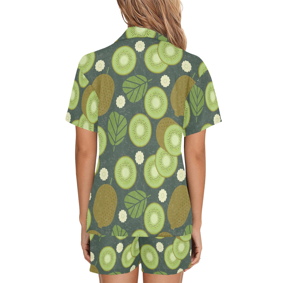 Whole sliced kiwi leave and flower Women's V-Neck Short Pajama Set
