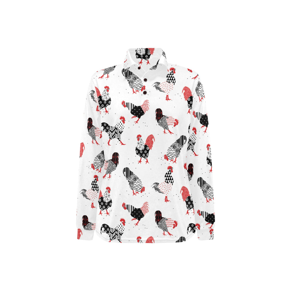 Cool rooster chicken cock floral ornament backgrou Women's Long Sleeve Polo Shirt