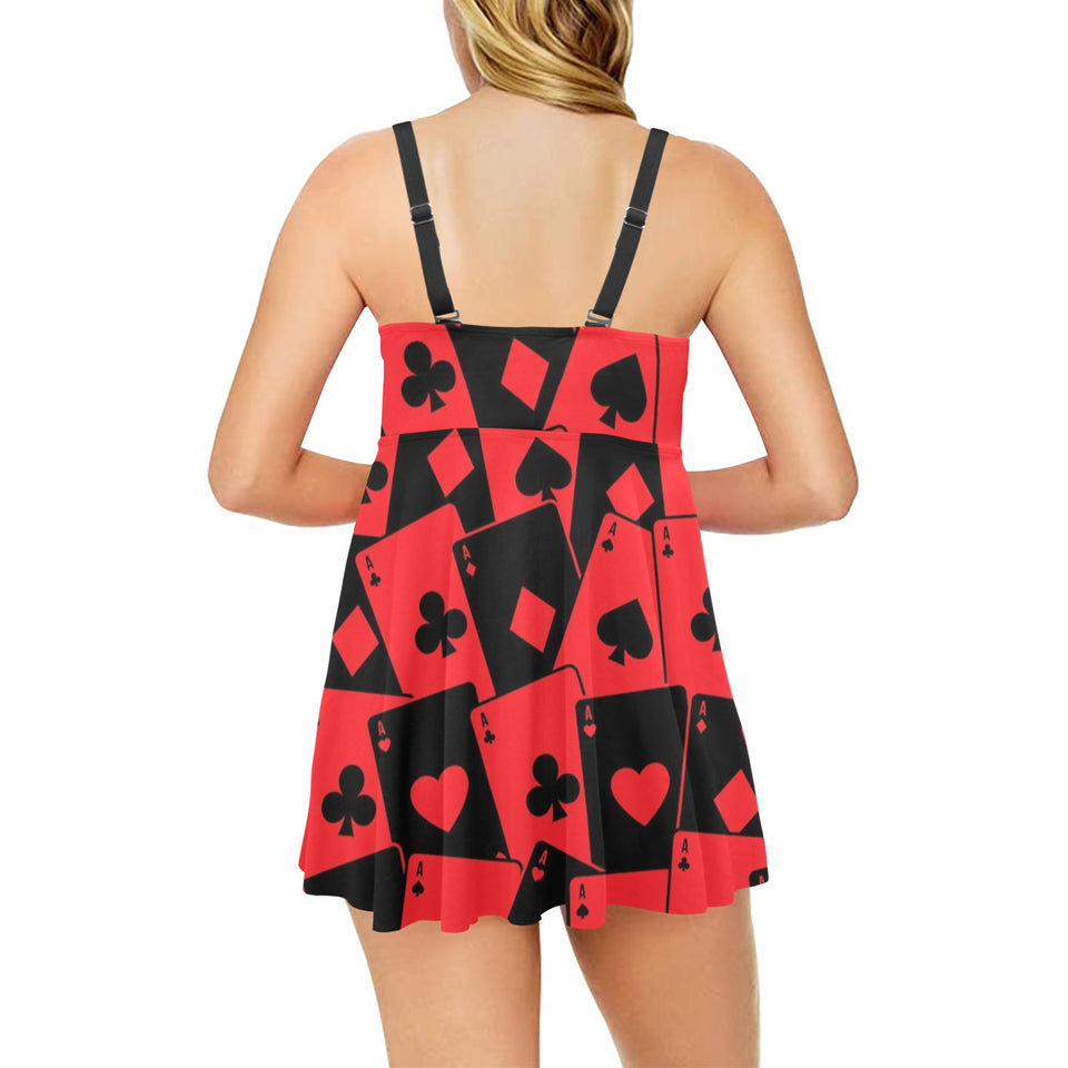 Casino Cards Suits Pattern Print Design 02 Chest Sexy Pleated Two Piece Swim Dress