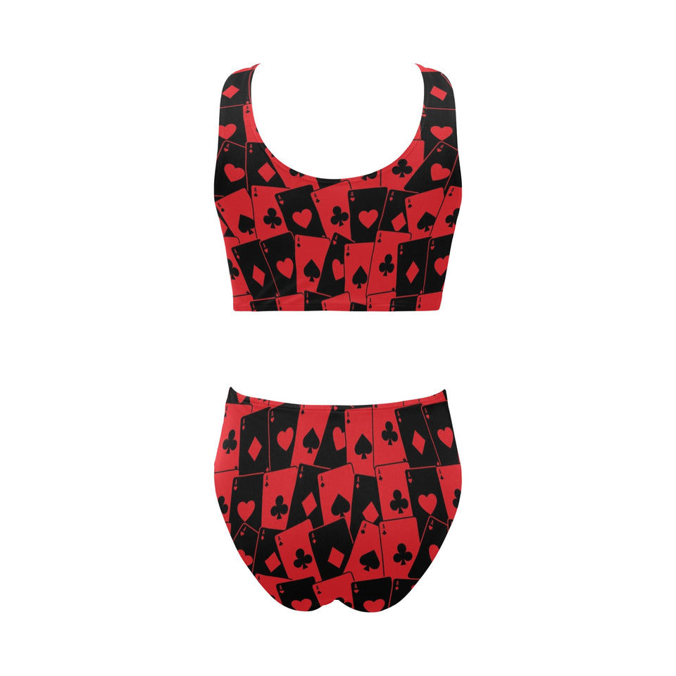 Casino Cards Suits Pattern Print Design 02 Chest Bowknot High Waisted Bikini Swimsuit