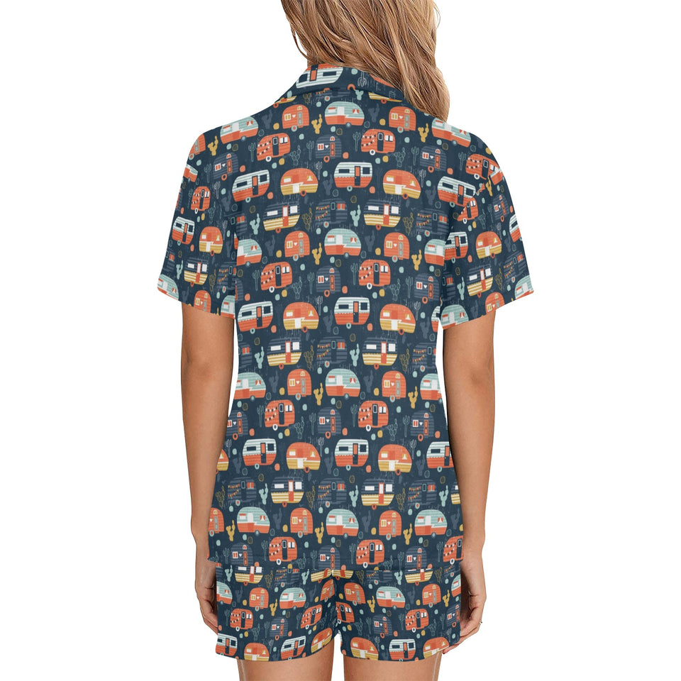 Camper Van Pattern Print Design 05 Women's V-Neck Short Pajama Set