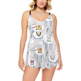 Cute Llama Alpaca pattern Chest Sexy Pleated Two Piece Swim Dress